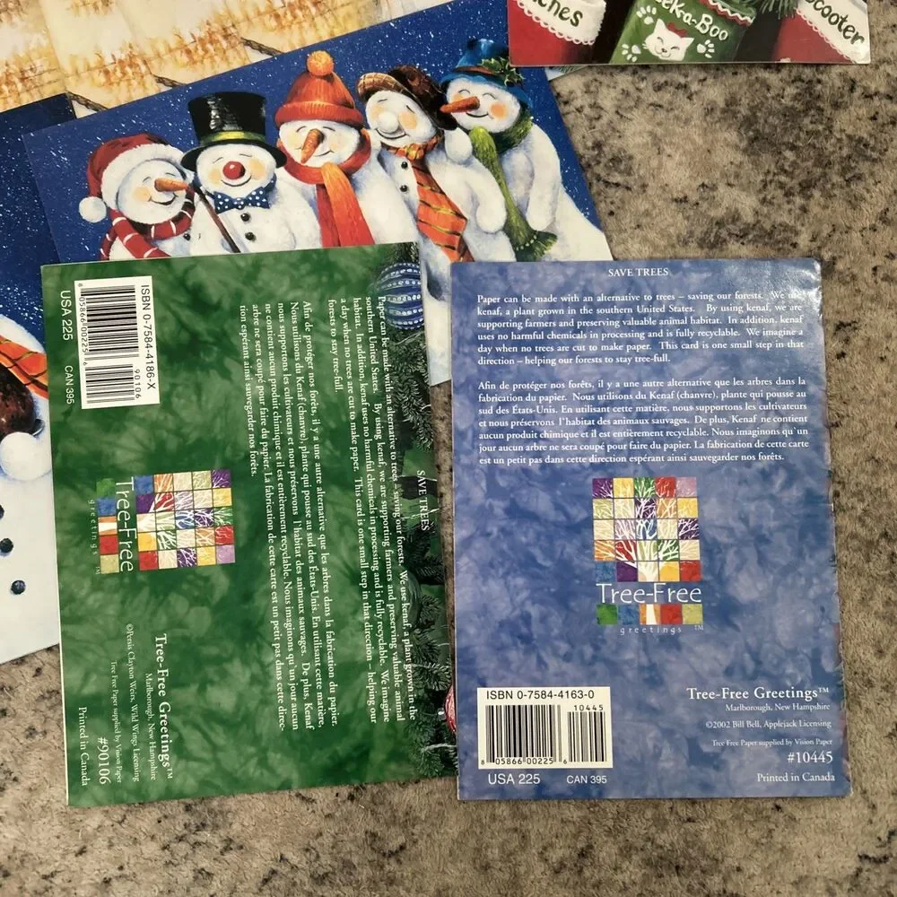 Christmas Mixed Tree-Free Greeting Cards Set Of 14 NO Envelopes Snowmen Kittens